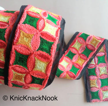 Black Fabric Trim With Green, Pink, Red And Yellow Square And Circle Pattern Thread Embroidery Trim